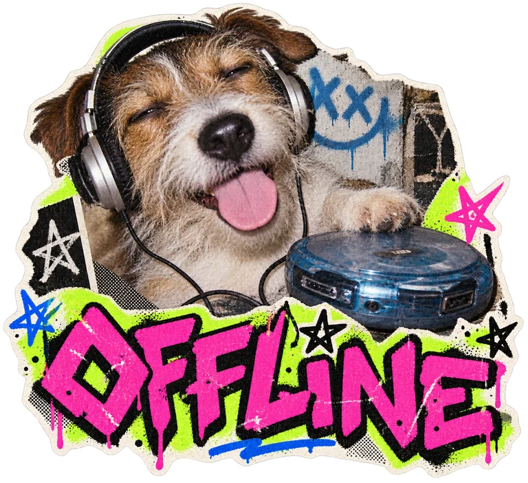 OFFLINE. A scruffy dog wearing retro headphones next to a blue CD player, with neon graffiti.
